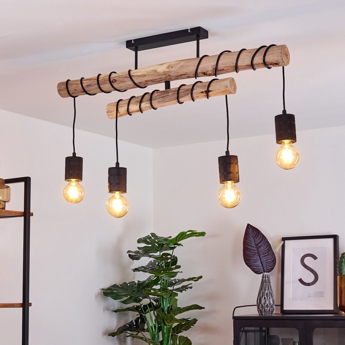 Belanian.nl - vintge Scandinavisch Boho-stijl E27 fitting,hanglamp zwart, donker hout, 4 lichts,Industrieel, modern, retro hanglamp voor Eetkamer, keuken, slaapkamer, woonkamer
