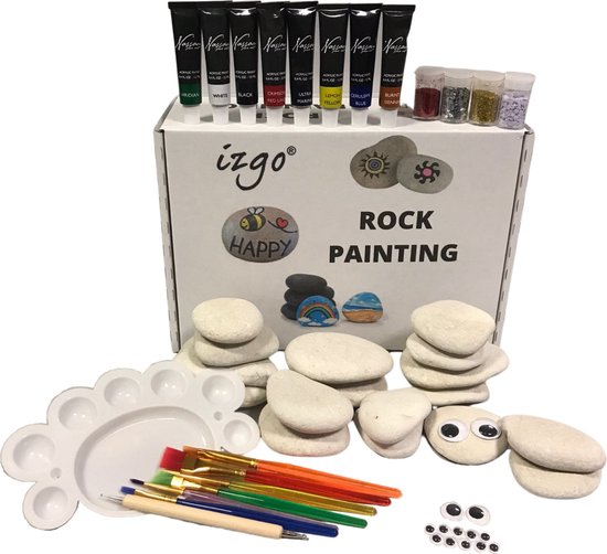 Stenen Schilderen volwassenen - Happy Stones maken kinderen - 55-delig Rock Painting Pakket - Complete Startset met steentjes - Dotting - stippen Mandala - HappyStone keien beschilderen - Creatief - Hobby - IZGO