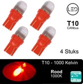(Set 4 stuks) T10 Led Lampen Rood 1000K CANbus 5W5 | 290 Lumen | Type T10290-R | W5W | Led Signal Light | 12V | 168 | 194 | 4x | Stadslicht | 1SMD | 1000 | Kelvin | Autolampen | Ca
