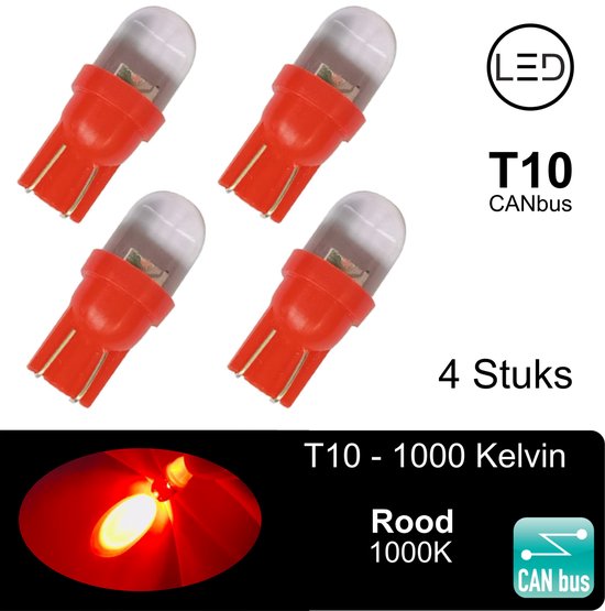 Set de 4 pièces) Lampes Led T10 Rouge 1000K CANbus 5W5