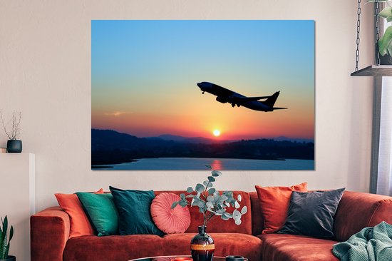 Aluminium schilderij 150x100 cm - Wanddecoratie metaal - Stijgend vliegtuig met een heldere lucht - Metalen muurdecoratie woonkamer - Decoratie industrieel - Foto op dibond - Industriële accessoires slaapkamer