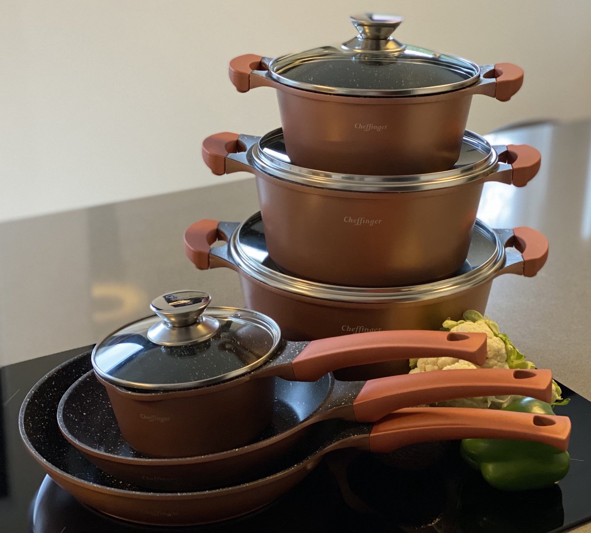 Cheffinger Luxe Pannenset 10 delig Keramisch Inductie Brons Koper