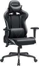 WoonWerkInterieur - Bureaustoel - Gamestoel - Racestoel- Ligstoel - Gamingchair - Zwart - Wit Detail - Rugkussen - Nekkussen - Synthetisch leer