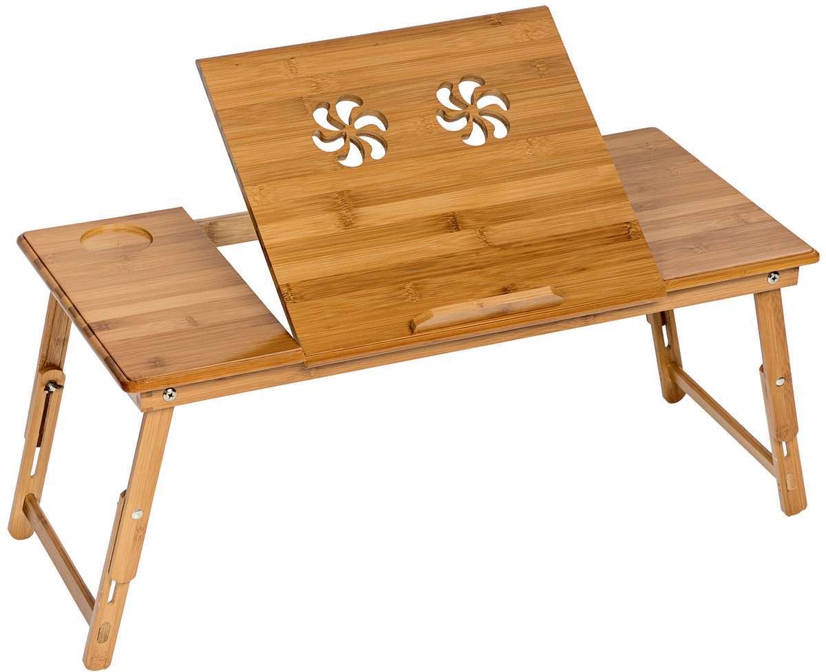 tectake® Laptop Bedtafel – In Hoogte Verstelbaar en Kantelbaar – Werkoppervlak met Luchtgleuven en Wegstelplankje – Hoogglans Gelakt Hout – 72 x 35 x 26 cm