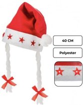 PD® - Kerstmuts met vlechten en verlichte sterren - Kerst - Rood wit - 40 cm - incl. batterijen