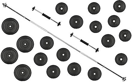 Een halterset met een rechte halterstang van 180cm, twee korte halterstangen en 50kg aan zwarte gewichtsschijven.