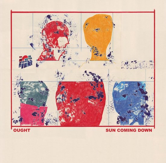 Albumcover met zes abstracte hoofdvormen in rood, oranje, groen, roze, rood en blauw, met blauwe verfspatten.