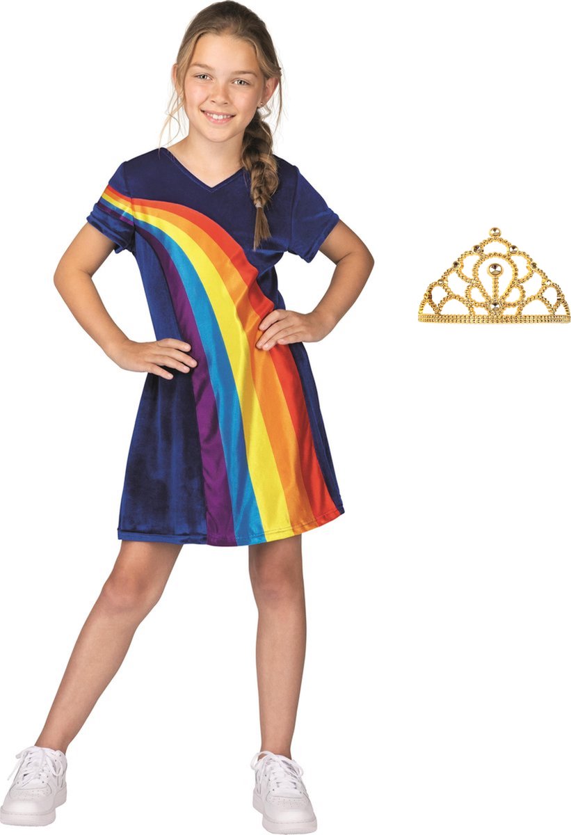 K3 regenboogjurkje - regenboog jurkje - regenboogjurk - verkleedjurk, jurk - mt 6-8 jaar + kroontje