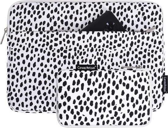 Laptop Sleeve 13.3 inch Zwart Wit Luipaard Panterprint Dots met voorvak Accessoires Etui |