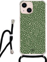 iPhone 13 hoesje met koord - Green dots | Apple iPhone 13 crossbody case | Zwart, Transparant | Gestipt
