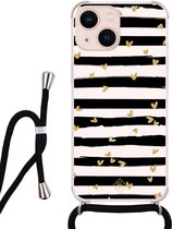 iPhone 13 hoesje met koord - Hart streepjes | Apple iPhone 13 crossbody case | Zwart, Transparant | Gestreept