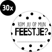 30x Sluitsticker Kom Jij Op Mijn Feestje? | Wit | Zwarte stippen| 40 mm  | Sluitsticker | Chique inpakken | Traktatie - Verjaardag - Feest - Kinderfeest - Kinderverjaardag