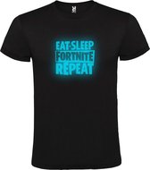 Zwart T-Shirt met “ Eat, Sleep Fortnite Repeat “ logo Glow in the dark Blauw Size XL