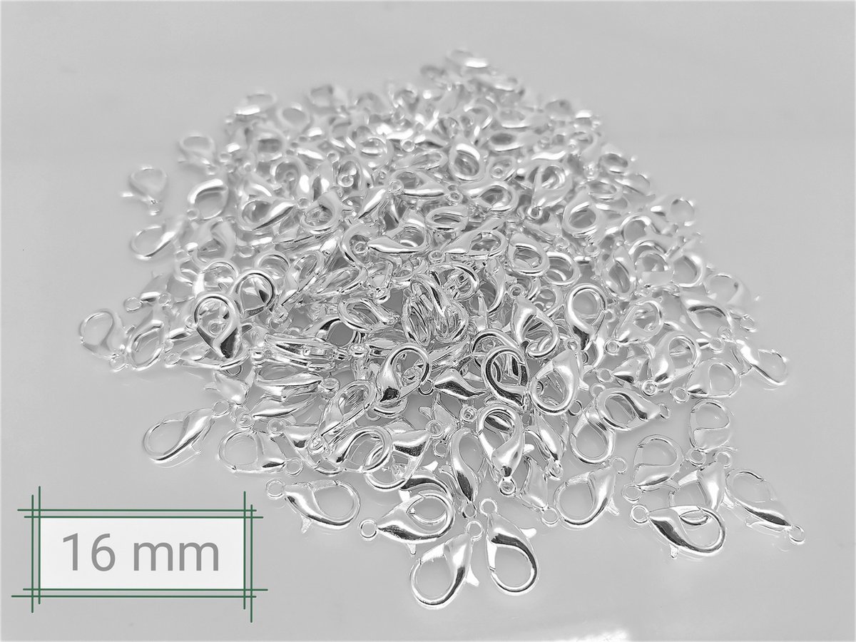 10 x Karabijnsluiting, zilverkleur, 16 x 8 mm, mooi voor sieraden maken.