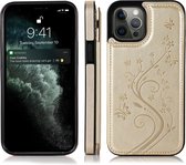 Hoesje geschikt voor iPhone 13 - Backcover - Pasjeshouder - Portemonnee - Bloemenprint - Kunstleer - goud