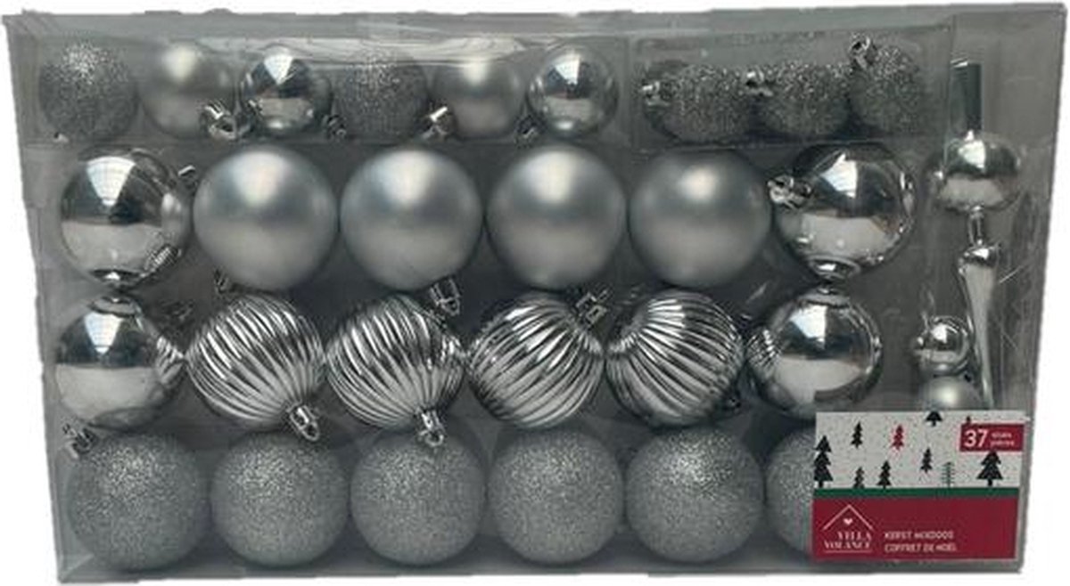 37x stuks Kerstmixdoos - Kerstballen Kerstboom - Grijs- Kerstboomversiering Mooi/Glanzend/Glitters