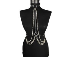 Nooitmeersaai - Harnas Vrouw - Leer - Kettingen - Zwart - BDSM Extreme - Bondage Harnas