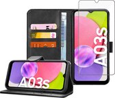 Samsung A03s - Bookcase Portemonnee Hoes Zwart + Samsung A03s Screen Protector Cover Glas