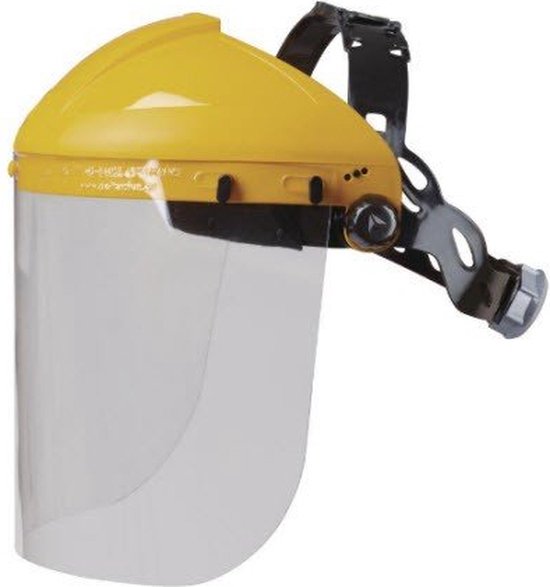 Gele helm met transparant vizier en zwarte hoofdband.