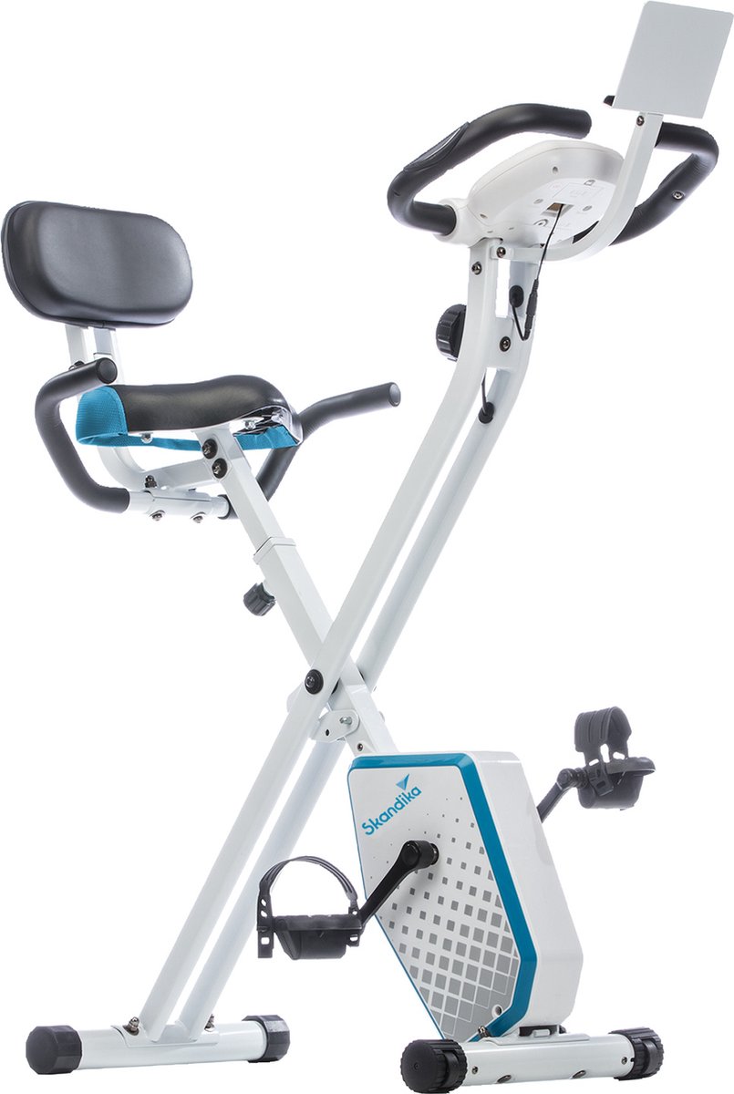 Skandika Foldaway X-1000 Plus Hometrainer Fiets – Hometrainers - Fitnessbike – Hometrainer fiets inklapbaar - Opvouwbaar X-bike F-bike met handpulssensoren, Bluetooth-computer, tablethouder, rugleuning, 130 kg max. Gebruikersgewicht – wit/blauw