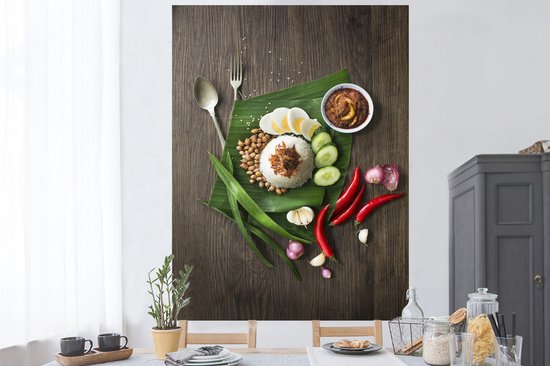 Stickers Stickers muraux - Vue de dessus de la nourriture nasi lemak de la cuisine malaisienne - 120x160 cm - Feuille adhésive XXL
