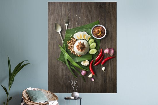 Stickers Stickers muraux - Vue de dessus de la nourriture nasi lemak de la cuisine malaisienne - 120x160 cm - Feuille adhésive XXL