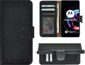 Hoesje Motorola Moto Edge 20 Pro - Bookcase - Portemonnee Hoes Echt leer Wallet case Croco Zwart