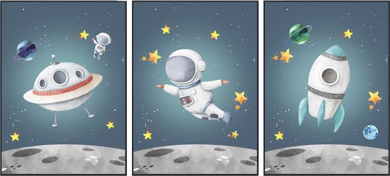 No Filter - Affiches chambre d'enfant - 3 pièces 21x30 cm - Chambre Garçons - Espace - Espace - Astronaute - Lune