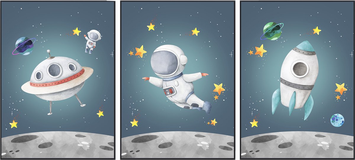 No Filter - Kinderkamer posters – 3 stuks 30x40 cm – Jongens kamer - Ruimte - Space - Astronaut - Maan