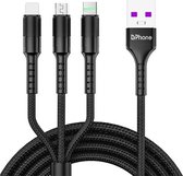 DrPhone MX7 Multi-Oplaadkabel - 3 in 1 met USB-C (ook Data) /Micro-USB/Lightning – 5A (Max) - Nylon gevlochten - Ronde Behuizing - Zwart