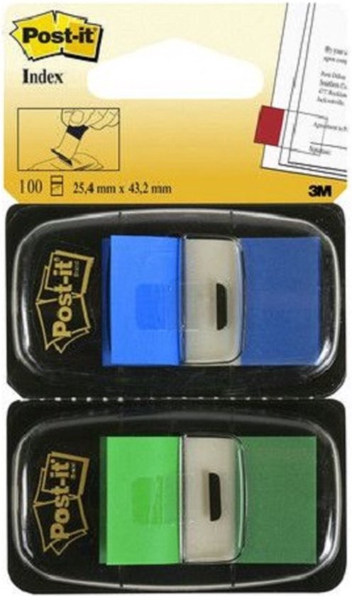 Post-it® Index Standaard, Duo Pack, Groen/Blauw, 25.4 x 43.2 mm, 50 Tabs/Dispenser