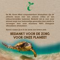 Zeeschildpad zwemt in oceaan, met tekst over Mr. Green Mind composteerbare zakken en zorg voor de planeet.