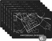 Placemat - Placemats kunststof - Kaart - Amsterdam-Zuidoost - Zwart - 45x30 cm - 6 stuks - Hittebestendig - Anti-Slip - Onderlegger - Afneembaar