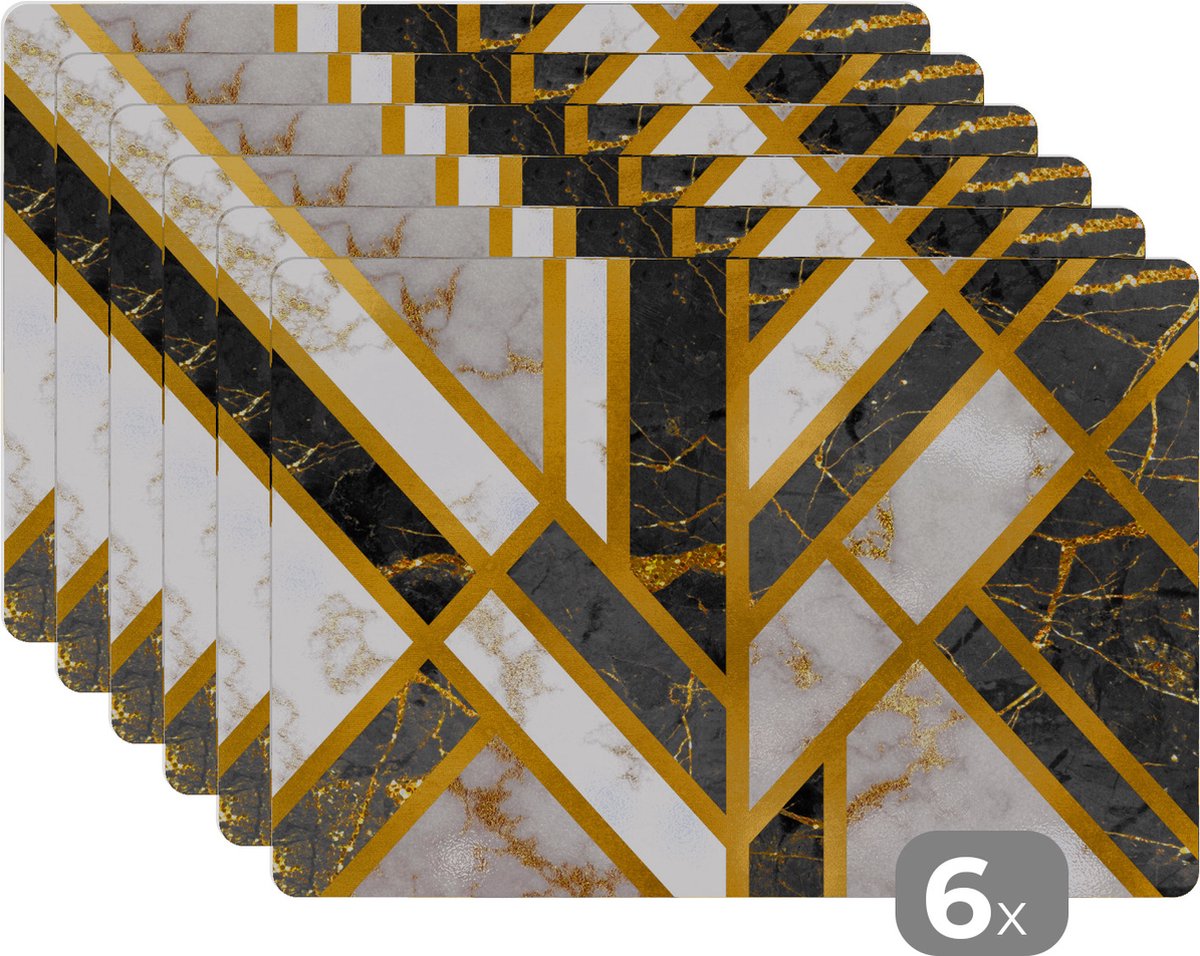 Placemat - Placemats kunststof - Marmer - Goud - Luxe - 45x30 cm - 6 stuks - Hittebestendig - Anti-Slip - Onderlegger - Afneembaar