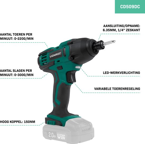 Accu boorhamer 20V - 2.0Ah | Incl. 2 accu's en snellader kopen