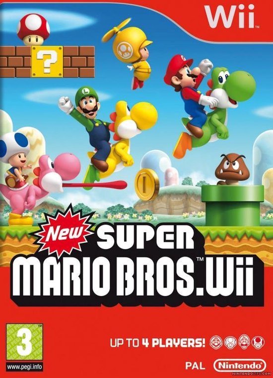 Mario en Luigi racen op Yoshi over een groen veld, met Toad en Toadette op een roze Yoshi. "New Super Mario Bros. Wii" staat groot onderaan.