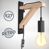 B.K.Licht - Landelijke Wandlamp - voor binnen - aan/uit schakelaar - met snoer - industriele - zwarte - houten wandlamp - netstroom - met 1 lichtpunt - bedlamp - slaapkamer - E27 fitting - excl. lichtbron