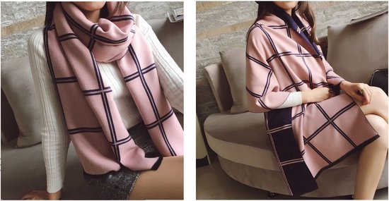 Dames sjaal 65 x 190 cm (LxB) | sjaal blauw - roze | omkeerbare sjaal | omslagdoek - stola - winter sjaal |