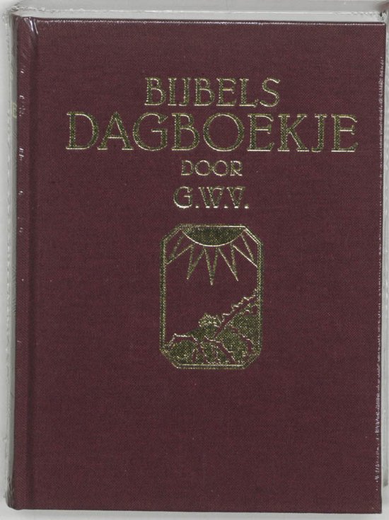 Gouden opdruk 'Bijbels dagboekje door G.W.V.' op bordeauxrode kaft met een decoratief icoon van een berglandschap met zon.