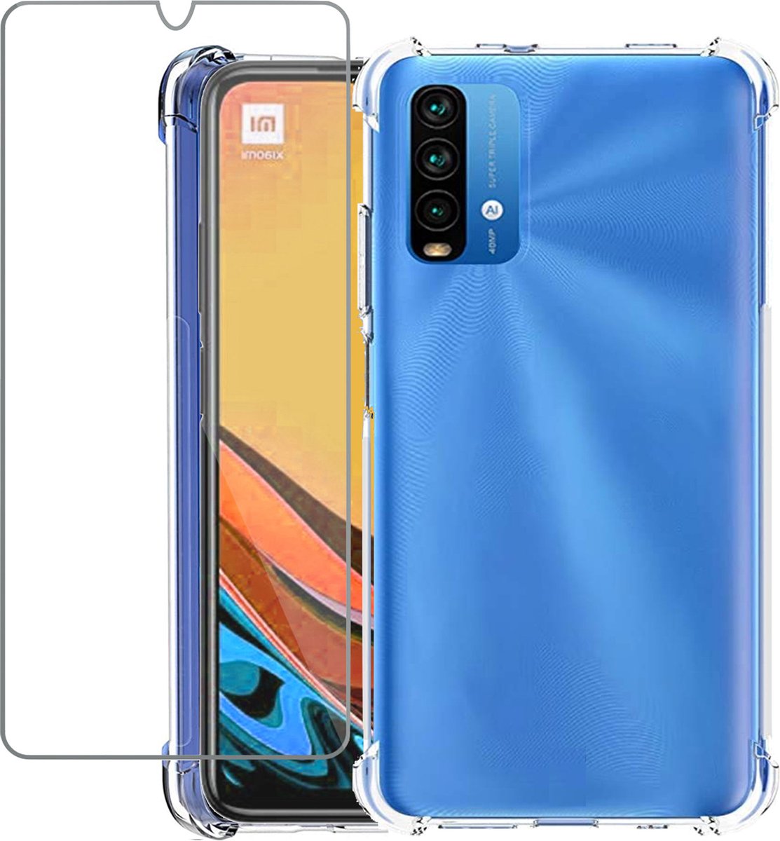 Geschikt voor Xiaomi Redmi 9T Hoesje - Case Transparant + Screenprotector - Beschermglas