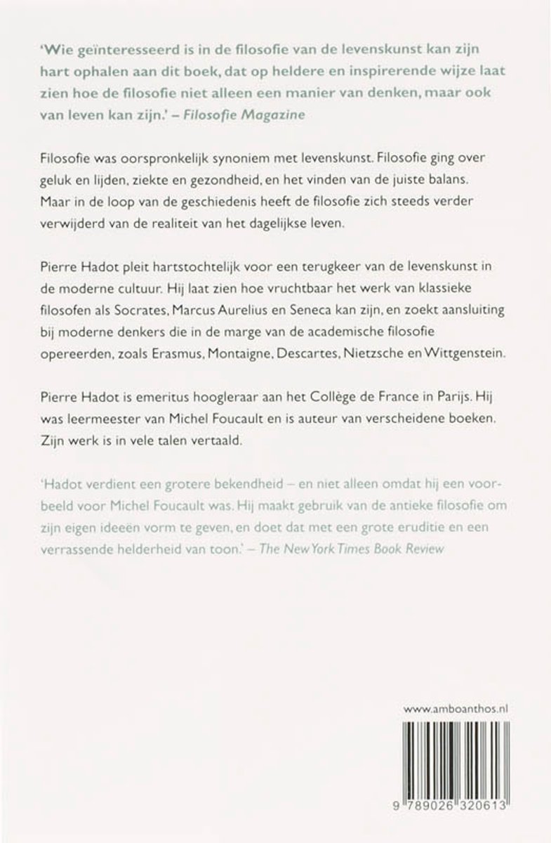 Achterpagina van het boek 'Filosofie als een manier van leven' met tekst en barcode.
