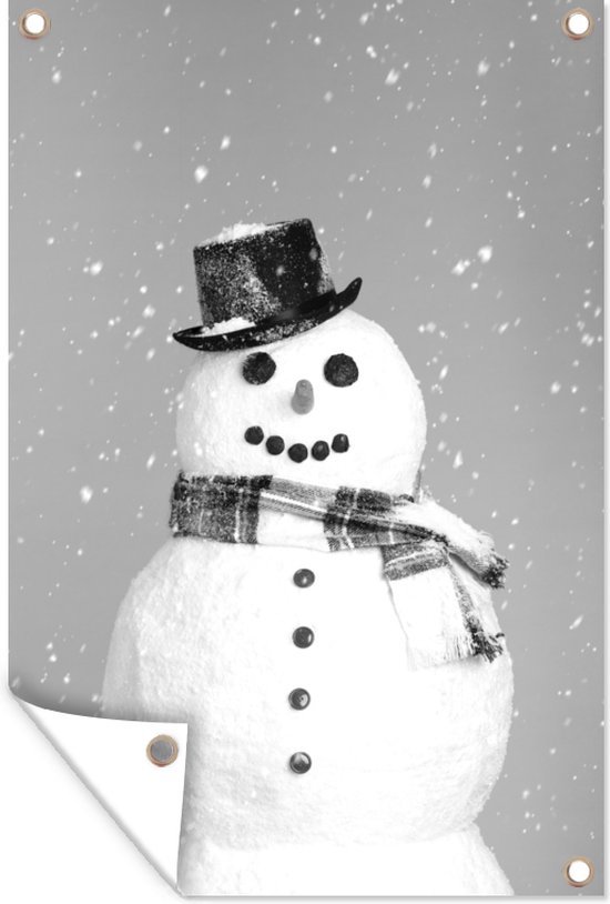 Tuinposter - Tuindoek - Tuinposters buiten - Een blije sneeuwpop tijdens kerst - zwart wit - 80x120 cm - Tuin