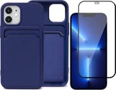 Blauw Pasjeshouder Hoesje geschikt voor iPhone 12 / 12 Pro - Full Screenprotector Glas + Kaart TPU Hoesje Backcover