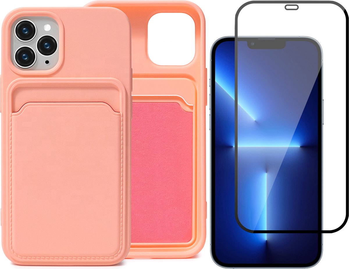 Roze Pasjeshouder Hoesje geschikt voor Apple iPhone 13 Pro Max - Screenprotector Glas - Case met Pasjeshouder