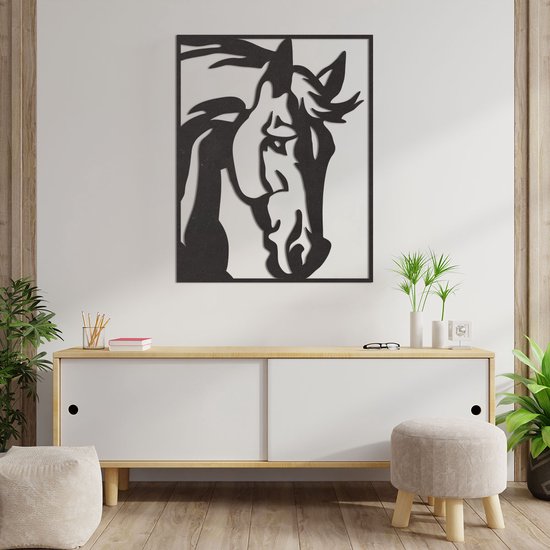 Wanddecoratie - Paard - Hout - Wall Art - Muurdecoratie - Zwart - 74.5 x 59 cm