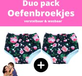 DUO pack - oefenbroekjes - zwart met roosjes - wasbaar - zindelijkheidstraining kind - voor jongens en meisjes - verstelbaar met drukknopen - vanaf 1 t/m 3 jaar - ca. 10 tot 16 kg