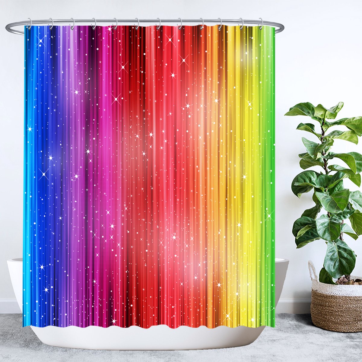 Ulticool Douchegordijn - Regenboog Glitter - 180 x 200 cm - met 12 ringen wit - semi Transparant - anti Schimmel - Multi colour