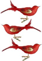 Rode Decoratie Vogeltjes voor de Kerstboom - doosje met 3 vogeltjes op clip