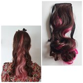 Paardenstaart hairextensions Funny color mix bruin roze 50 CM Klem haarstuk Clip in