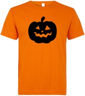 Halloween T-shirt kids oranje met pompoen gezicht | Halloween kostuum | feest shirt | enge outfit | horror kleding | maat 128